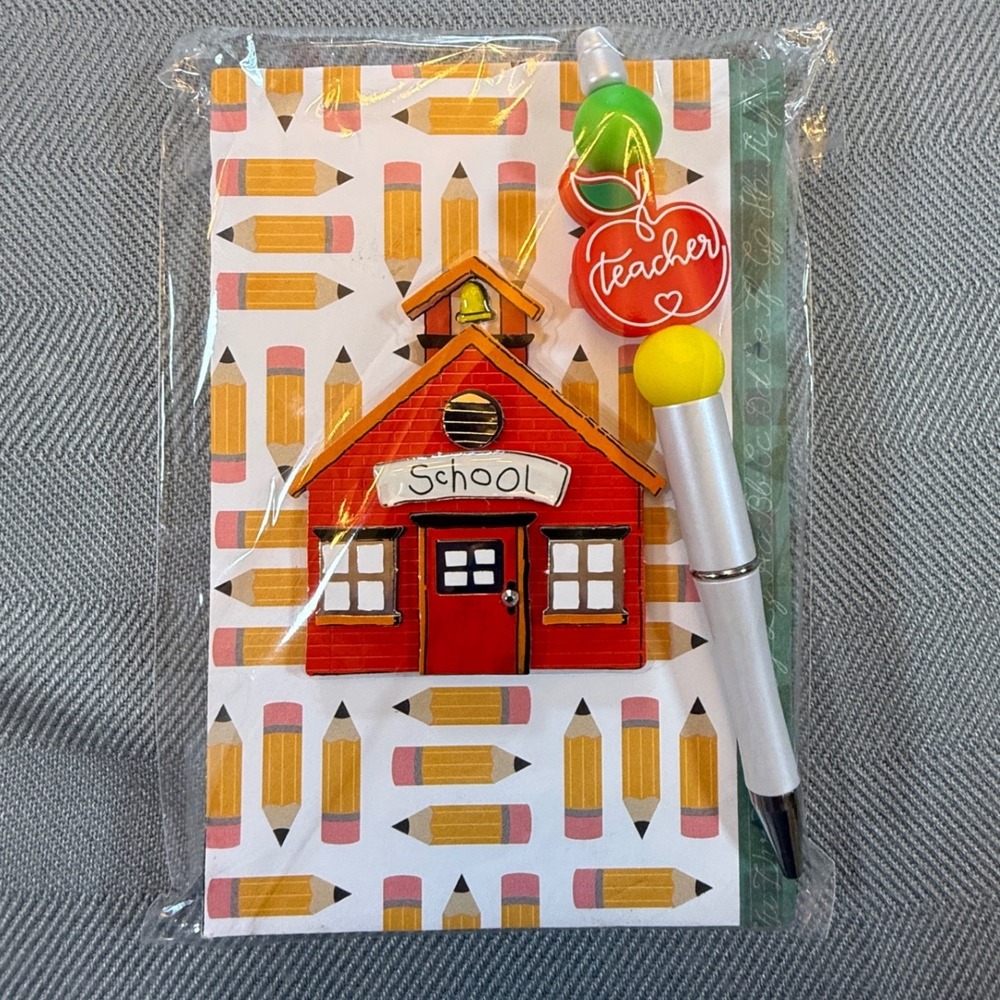 Teacher Appreciation Gift Set Schoolhouse Notepad and Beaded Apple Pen 2510